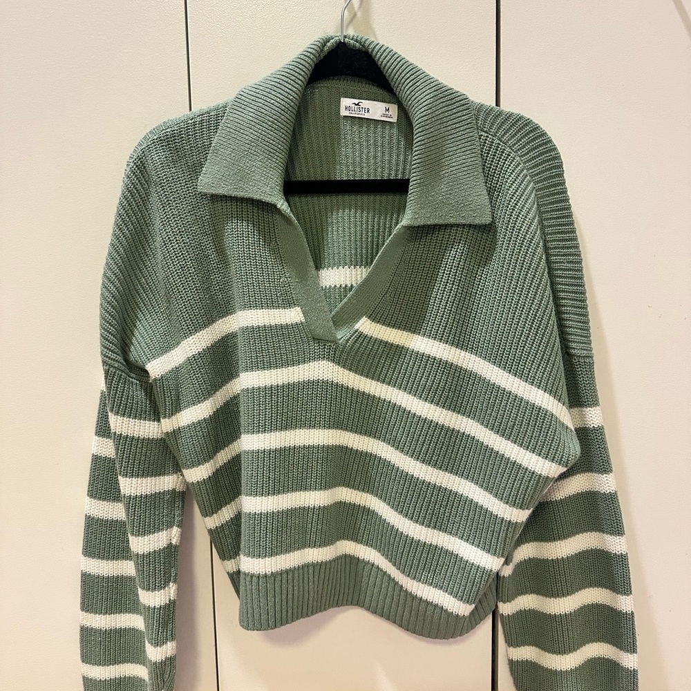 Hollister Sage Green & White Striped Collared V-Neck Pullover